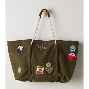 Free People Olive Tote with Embroidered Patches